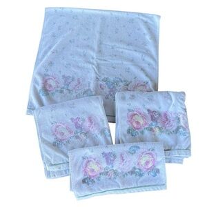 Vintage Laura Ashley 4-Piece Bath Towel Set Cottagecore Roses 90s Cotton GUC